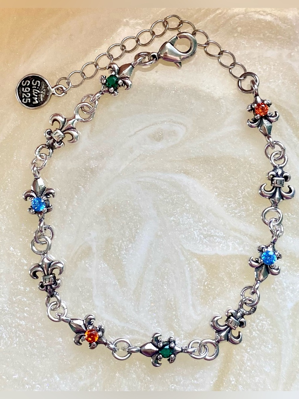 S925 Sterling Silver Fleur Bracelet with Multi-Colored Gem Accents